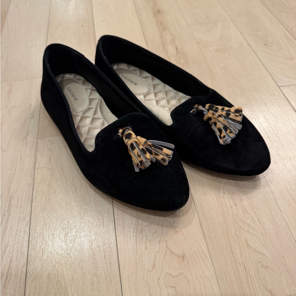 Birdies Black Suede Loafers with Leopard Tassels